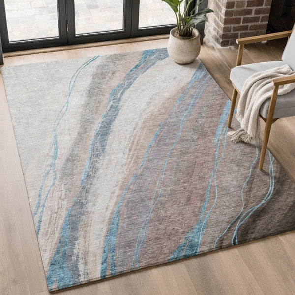 HomeRoots 8' Brown and Blue Abstract Washable Round Rug with UV Protection - Durable, Stylish, and Easy-Care! 715480