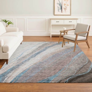 HomeRoots 8' Brown and Blue Abstract Washable Round Rug with UV Protection - Durable, Stylish, and Easy-Care! 715480