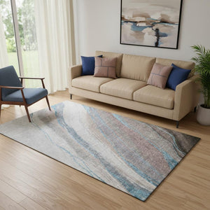 HomeRoots 8' Brown and Blue Abstract Washable Round Rug with UV Protection - Durable, Stylish, and Easy-Care! 715480