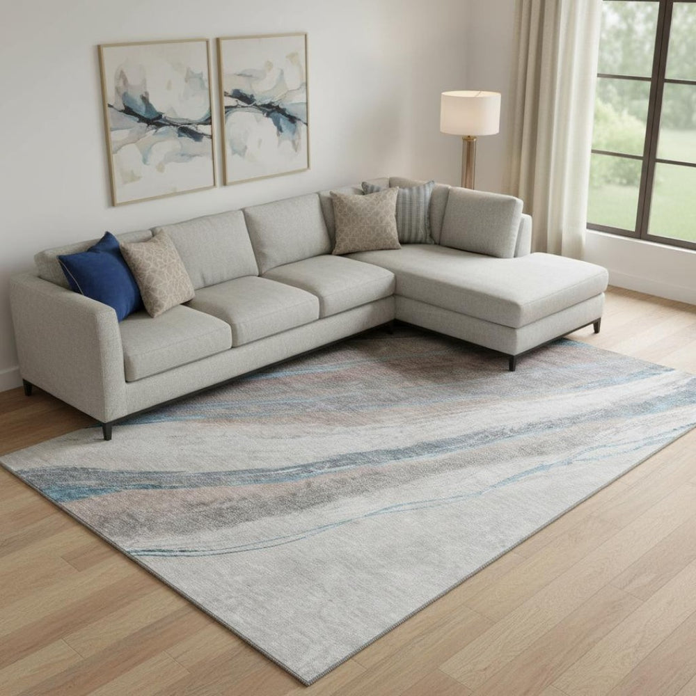 HomeRoots 9' X 12' Brown and Blue Abstract Area Rug - Washable, UV Protected, Durable Design for Modern Spaces 715482