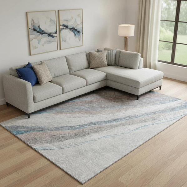 HomeRoots 9' X 12' Brown and Blue Abstract Area Rug - Washable, UV Protected, Durable Design for Modern Spaces 715482