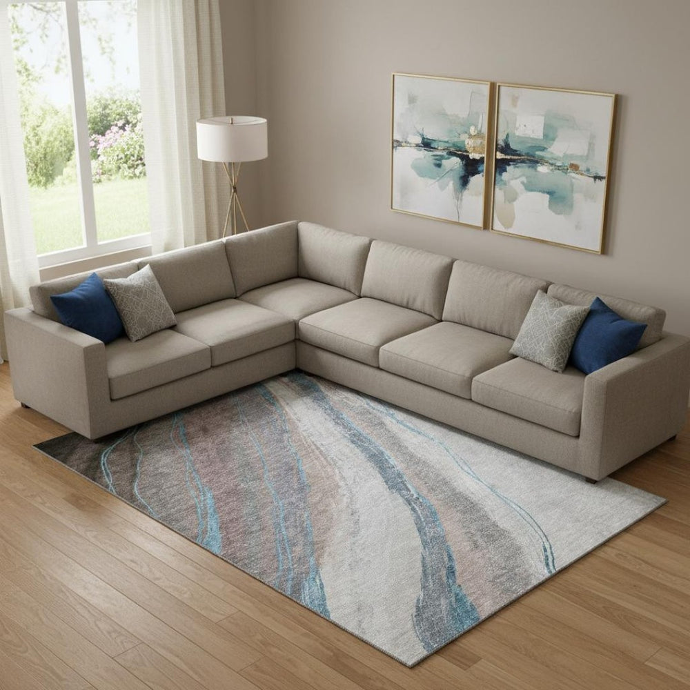 HomeRoots 10' X 14' Brown and Blue Abstract Washable Area Rug – Durable, UV-Protected, Perfect for Families! 715483