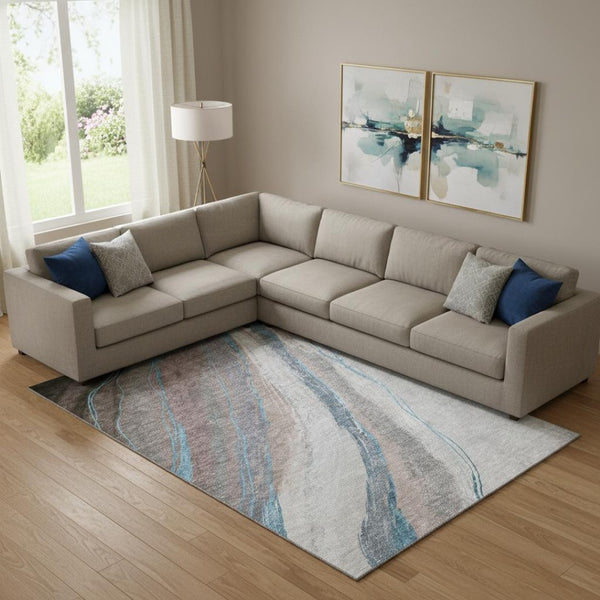HomeRoots 10' X 14' Brown and Blue Abstract Washable Area Rug – Durable, UV-Protected, Perfect for Families! 715483