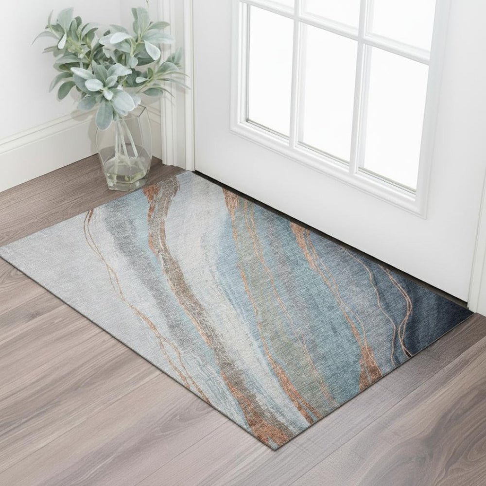 HomeRoots 5' Blue and Copper Abstract Area Rug - Washable, Stain Resistant, UV Protected for Family Spaces 715485