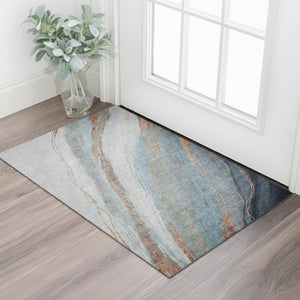 HomeRoots 5' Blue and Copper Abstract Area Rug - Washable, Stain Resistant, UV Protected for Family Spaces 715485