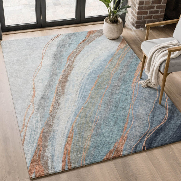HomeRoots 8' Stunning Blue and Copper Abstract Round Rug - Washable, UV Protected, Durable for Every Space 715486