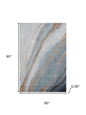 HomeRoots 8' Stunning Blue and Copper Abstract Round Rug - Washable, UV Protected, Durable for Every Space 715486
