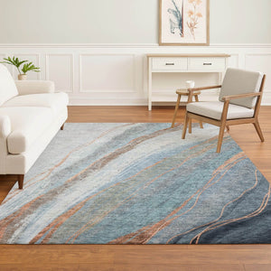 HomeRoots 8' Stunning Blue and Copper Abstract Round Rug - Washable, UV Protected, Durable for Every Space 715486