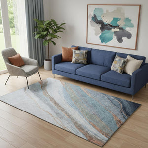 HomeRoots 8' Stunning Blue and Copper Abstract Round Rug - Washable, UV Protected, Durable for Every Space 715486