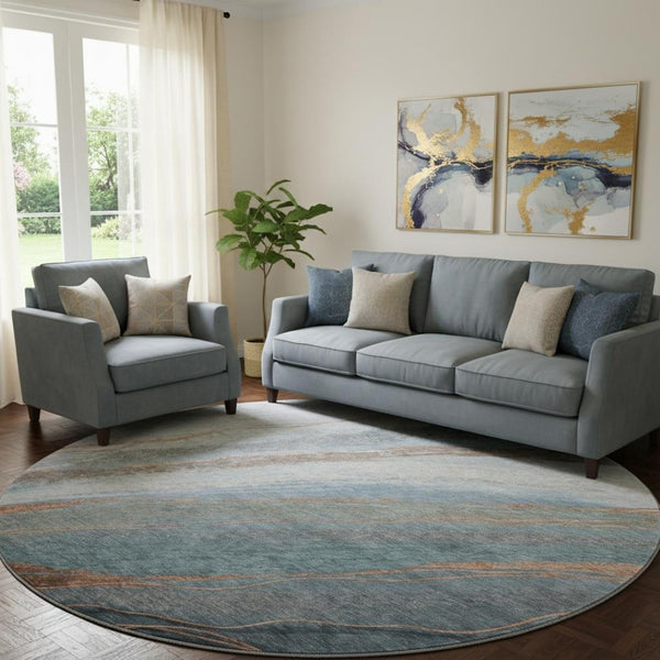 HomeRoots 8' x 10' Blue & Copper Abstract Washable Area Rug - UV Protected, Durable & Easy-Care Design! 715487
