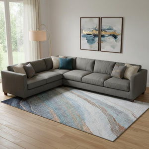 HomeRoots 10' X 14' Blue and Copper Abstract Washable Area Rug – UV Protected, Durable, Easy-Care Design! 715489