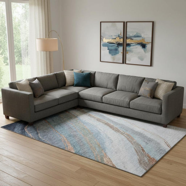 HomeRoots 10' X 14' Blue and Copper Abstract Washable Area Rug – UV Protected, Durable, Easy-Care Design! 715489