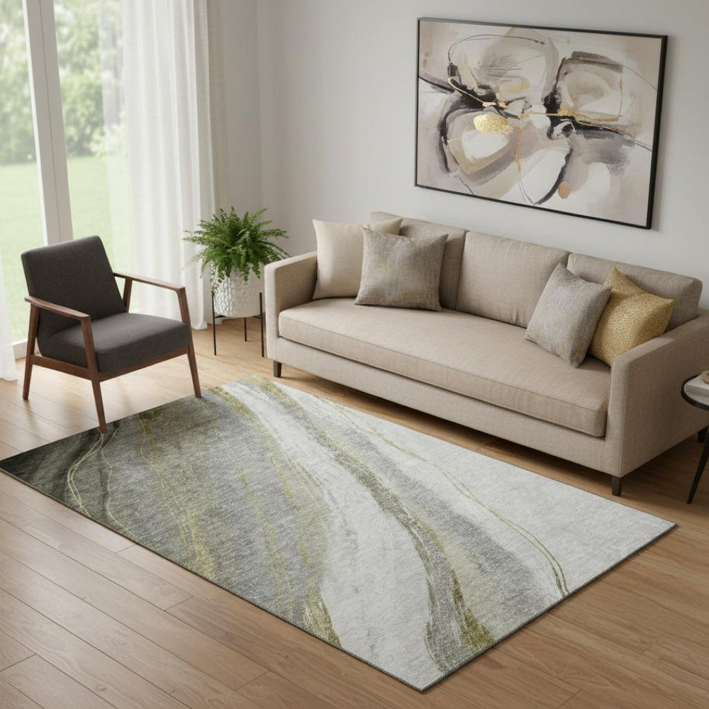 HomeRoots 8' Abstract Washable Round Rug in Pewter & Gray – UV Protected, Stain Resistant, Easy Care Design 715492