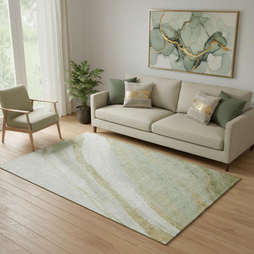 HomeRoots 8' Sage and Copper Round Rug - Stylish Washable Design with UV Protection and Non-Slip Backing 715498