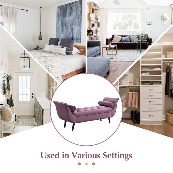 English Elm Upholstered Velvet Tufted Bench with Bolster Pillows Solid Oak Legs Bedroom Entryway Purple N761P304407P