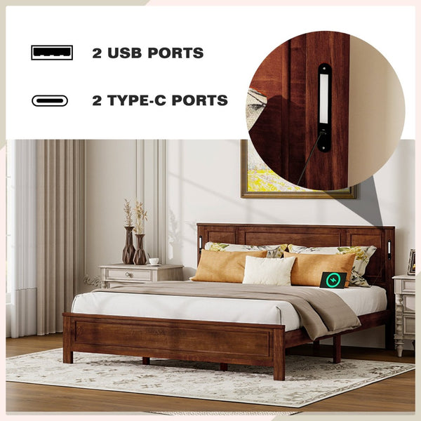 English Elm King Pine Wood Platform Bed with Led Lighting Usb Charging Tall Panel Headboard Walnut W504S00275