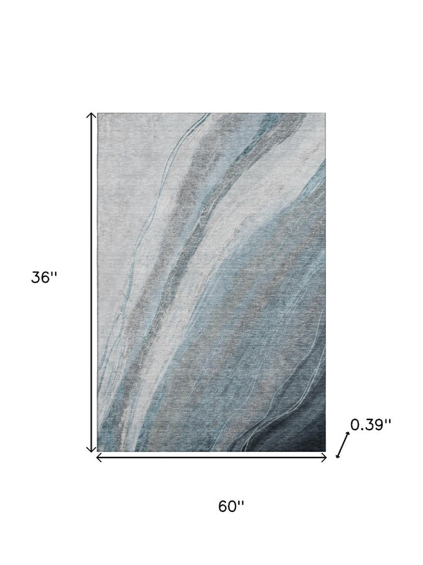 HomeRoots 5' X 8' Teal and Gray Abstract Area Rug - Washable, UV-Resistant, Stain-Proof for Active Homes 715503