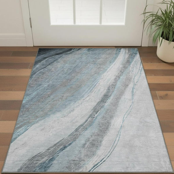 HomeRoots 5' X 8' Teal and Gray Abstract Area Rug - Washable, UV-Resistant, Stain-Proof for Active Homes 715503