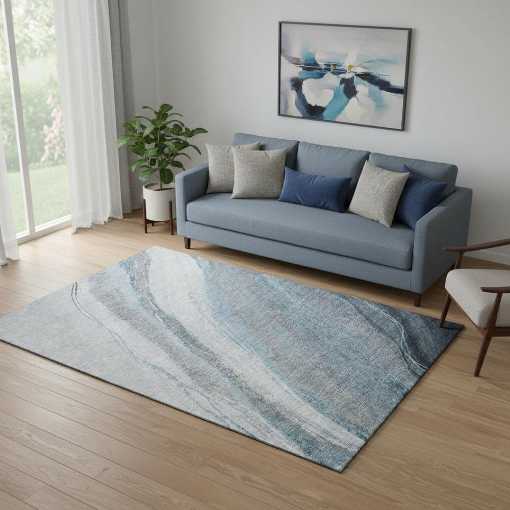HomeRoots 8' Teal And Gray Abstract Round Rug - Washable, UV Protected, Stain Resistant, Perfect for Busy Homes 715504