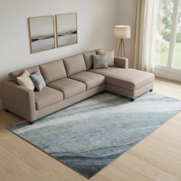 HomeRoots 9' X 12' Teal And Gray Abstract Area Rug - Washable, UV Protected, Stain Resistant for Family Homes 715506