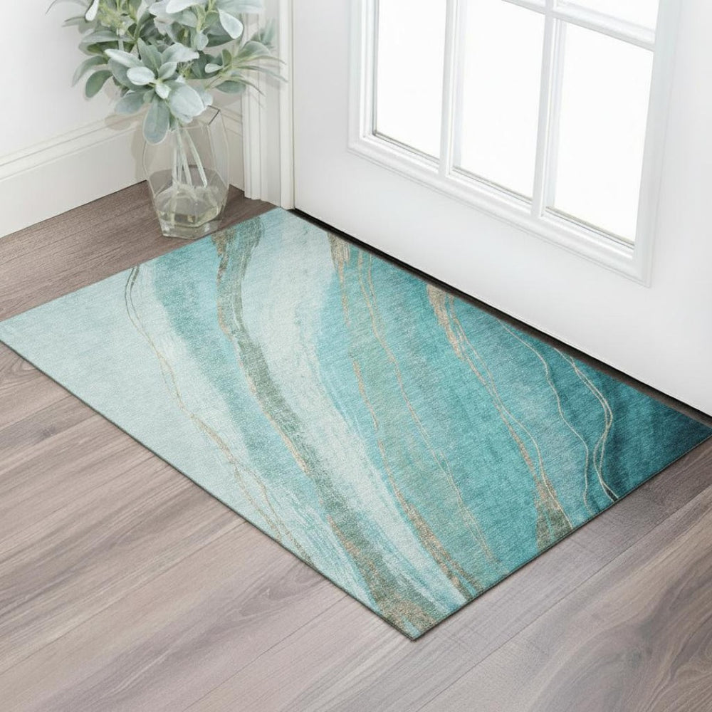 HomeRoots 5' X 8' Turquoise And Teal Abstract Washable Area Rug - UV-Resistant, Stylish, Easy-Clean Design 715509