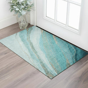 HomeRoots 5' X 8' Turquoise And Teal Abstract Washable Area Rug - UV-Resistant, Stylish, Easy-Clean Design 715509