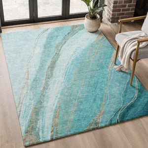 HomeRoots 8' Turquoise and Teal Abstract Round Rug - UV Protected, Machine Washable, Soft & Durable Design 715510