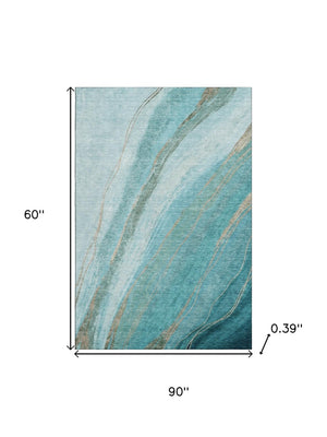 HomeRoots 8' Turquoise and Teal Abstract Round Rug - UV Protected, Machine Washable, Soft & Durable Design 715510