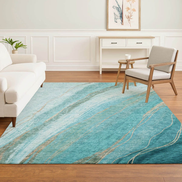HomeRoots 8' Turquoise and Teal Abstract Round Rug - UV Protected, Machine Washable, Soft & Durable Design 715510