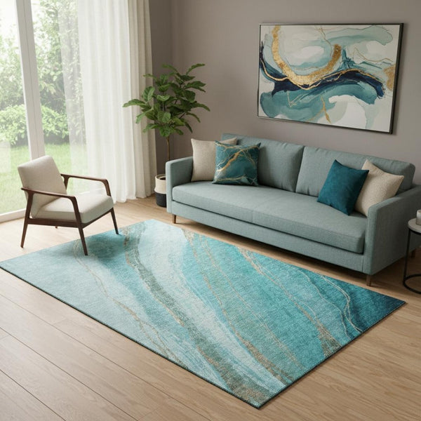HomeRoots 8' Turquoise and Teal Abstract Round Rug - UV Protected, Machine Washable, Soft & Durable Design 715510