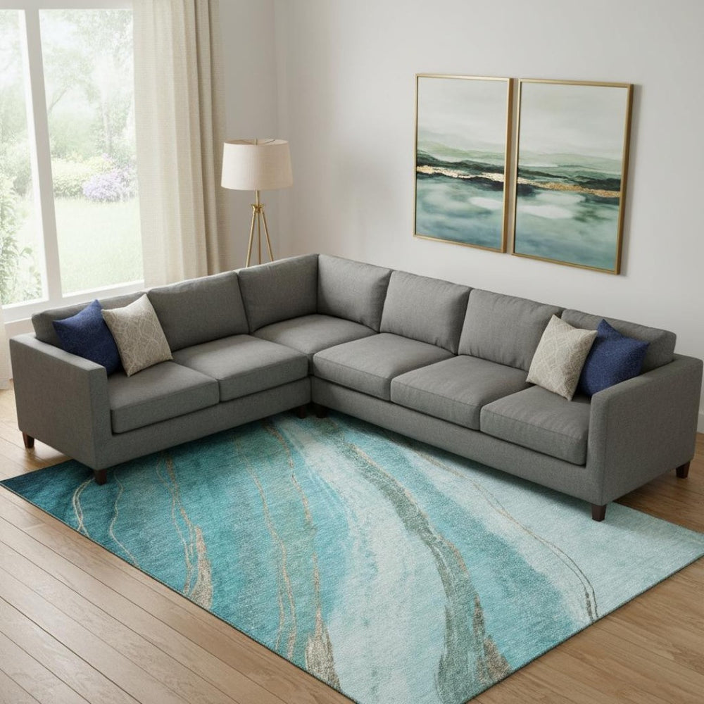 HomeRoots 9' X 12' Turquoise & Teal Abstract Area Rug - Washable, UV-Protected, Stain-Resistant, Non-Slip 715512