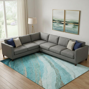 HomeRoots 9' X 12' Turquoise & Teal Abstract Area Rug - Washable, UV-Protected, Stain-Resistant, Non-Slip 715512