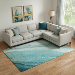 HomeRoots 10' Turquoise & Teal Abstract Washable Area Rug - UV Protected, Stain Resistant, Family-Friendly Style 715513