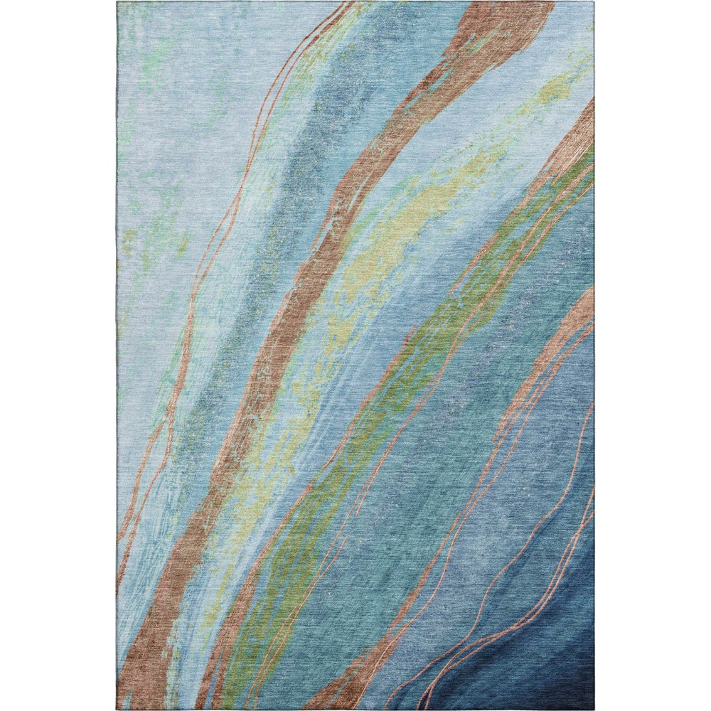 HomeRoots 5' Blue and Copper Abstract Area Rug – Washable, UV Protected, Modern Design for Busy Homes! 715515