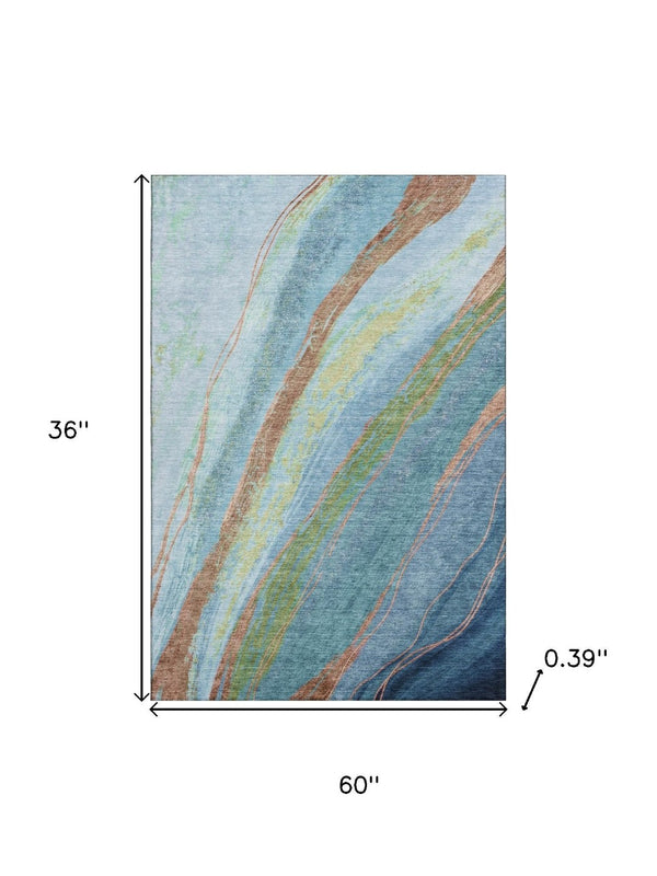 HomeRoots 5' Blue and Copper Abstract Area Rug – Washable, UV Protected, Modern Design for Busy Homes! 715515