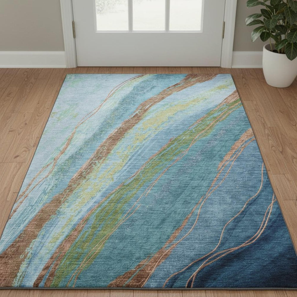 HomeRoots 5' Blue and Copper Abstract Area Rug – Washable, UV Protected, Modern Design for Busy Homes! 715515