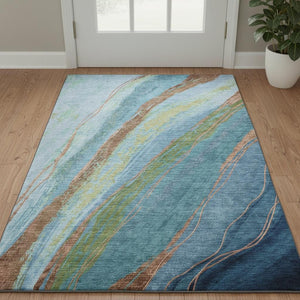 HomeRoots 5' Blue and Copper Abstract Area Rug – Washable, UV Protected, Modern Design for Busy Homes! 715515