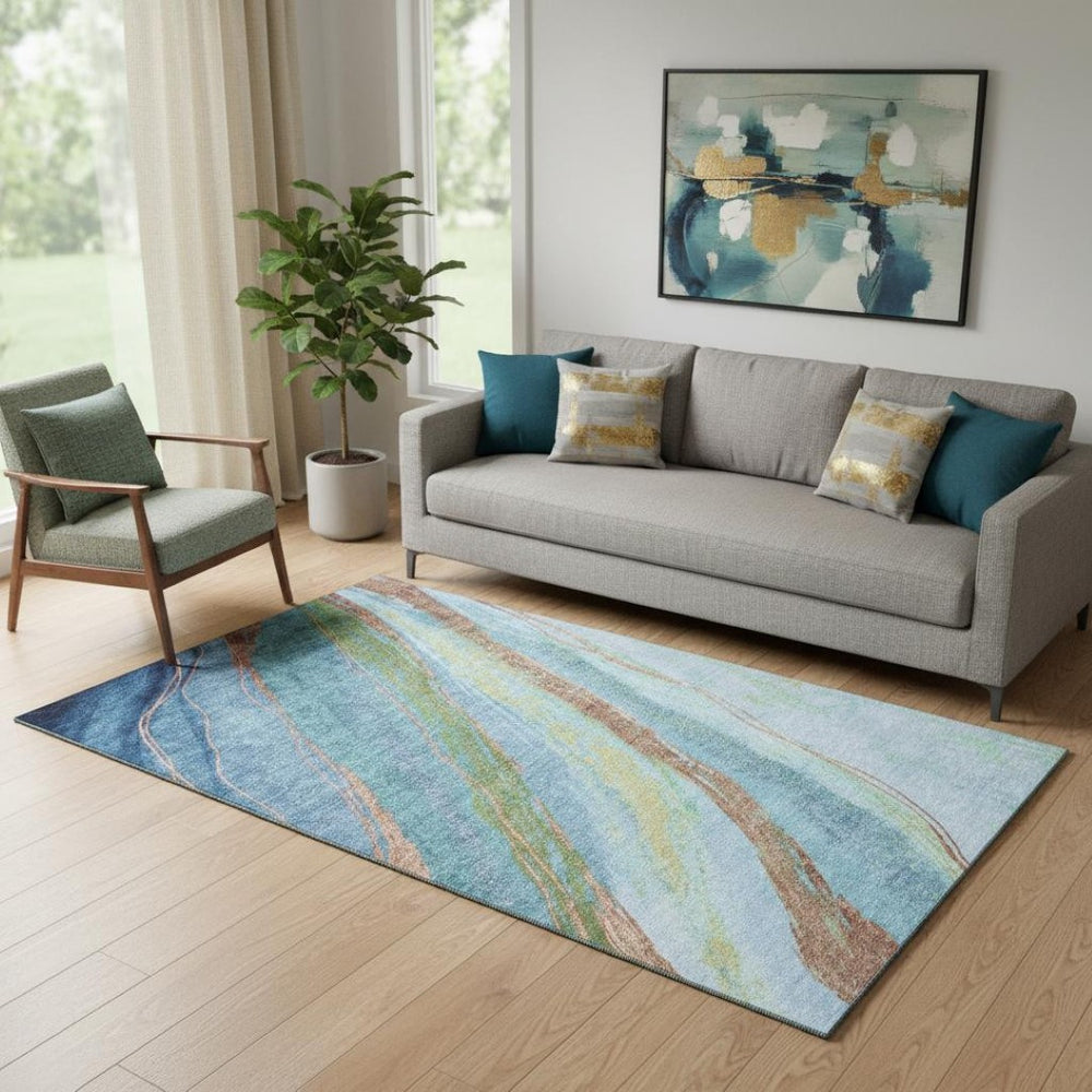 HomeRoots 8' Blue and Copper Abstract Washable Round Rug with UV Protection – Durable, Stylish, Easy-Care Design 715516