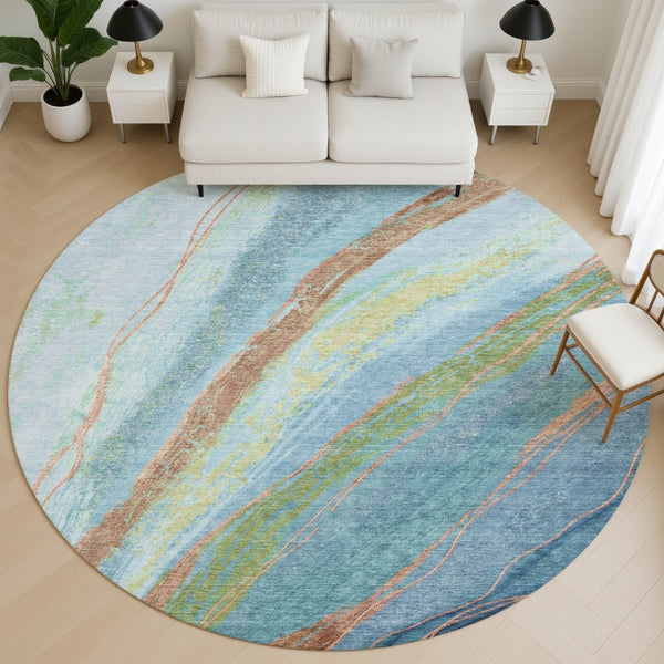 HomeRoots 8' X 10' Blue and Copper Abstract Area Rug – Washable, UV Protected, Perfect for High-Traffic Spaces! 715517