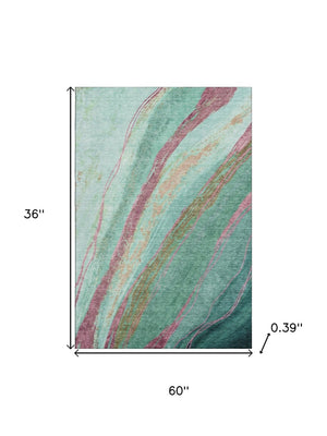 HomeRoots 5' X 8' Green & Blush Abstract Washable Area Rug - UV Protected, Stain Resistant, Modern Design 715521