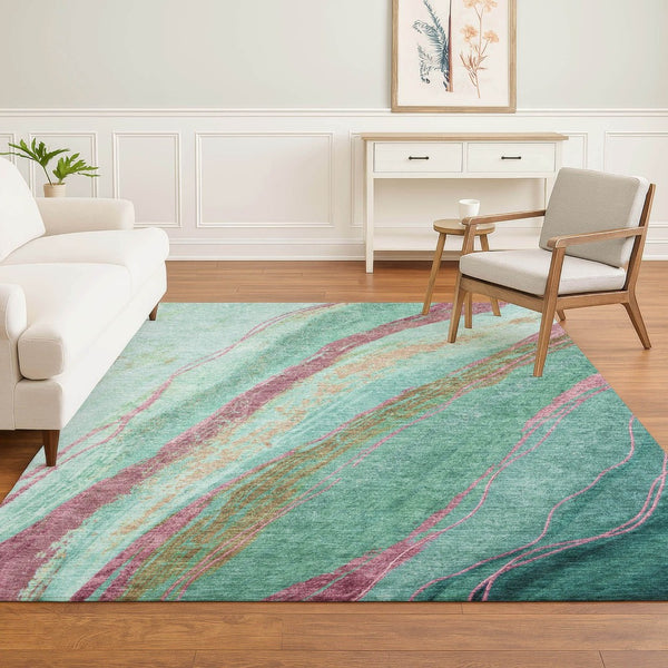 HomeRoots 5' X 8' Green & Blush Abstract Washable Area Rug - UV Protected, Stain Resistant, Modern Design 715521