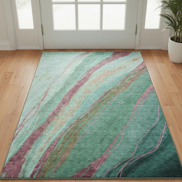 HomeRoots 5' X 8' Green & Blush Abstract Washable Area Rug - UV Protected, Stain Resistant, Modern Design 715521