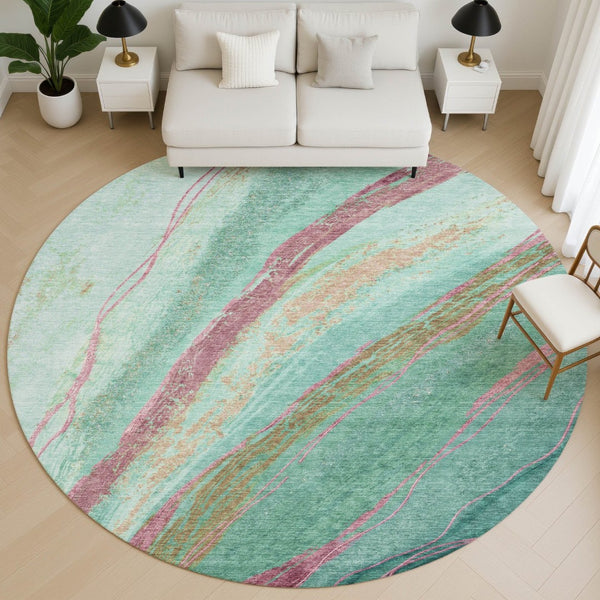 HomeRoots 8' X 10' Green and Blush Abstract Washable Area Rug - Stylish, Durable, UV-Protected for Busy Homes 715523