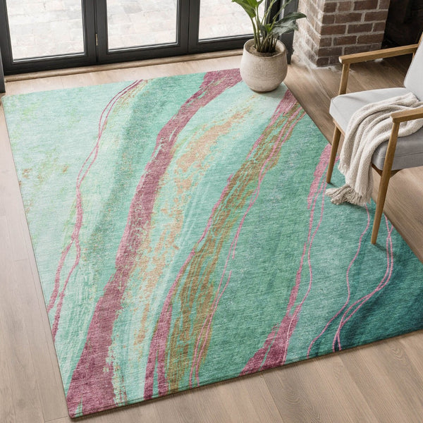 HomeRoots 9' X 12' Washable Green and Blush Abstract Area Rug – Stylish, Durable, UV-Protected for Any Space 715524