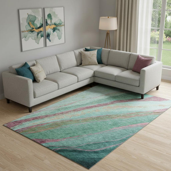 HomeRoots 9' X 12' Washable Green and Blush Abstract Area Rug – Stylish, Durable, UV-Protected for Any Space 715524