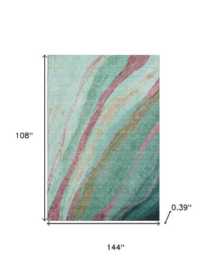HomeRoots 10' X 14' Green And Blush Abstract Area Rug - Durable, Washable, UV-Protected for Modern Living Spaces 715525