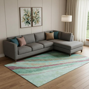 HomeRoots 10' X 14' Green And Blush Abstract Area Rug - Durable, Washable, UV-Protected for Modern Living Spaces 715525