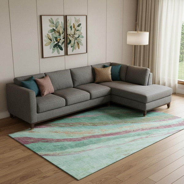 HomeRoots 10' X 14' Green And Blush Abstract Area Rug - Durable, Washable, UV-Protected for Modern Living Spaces 715525