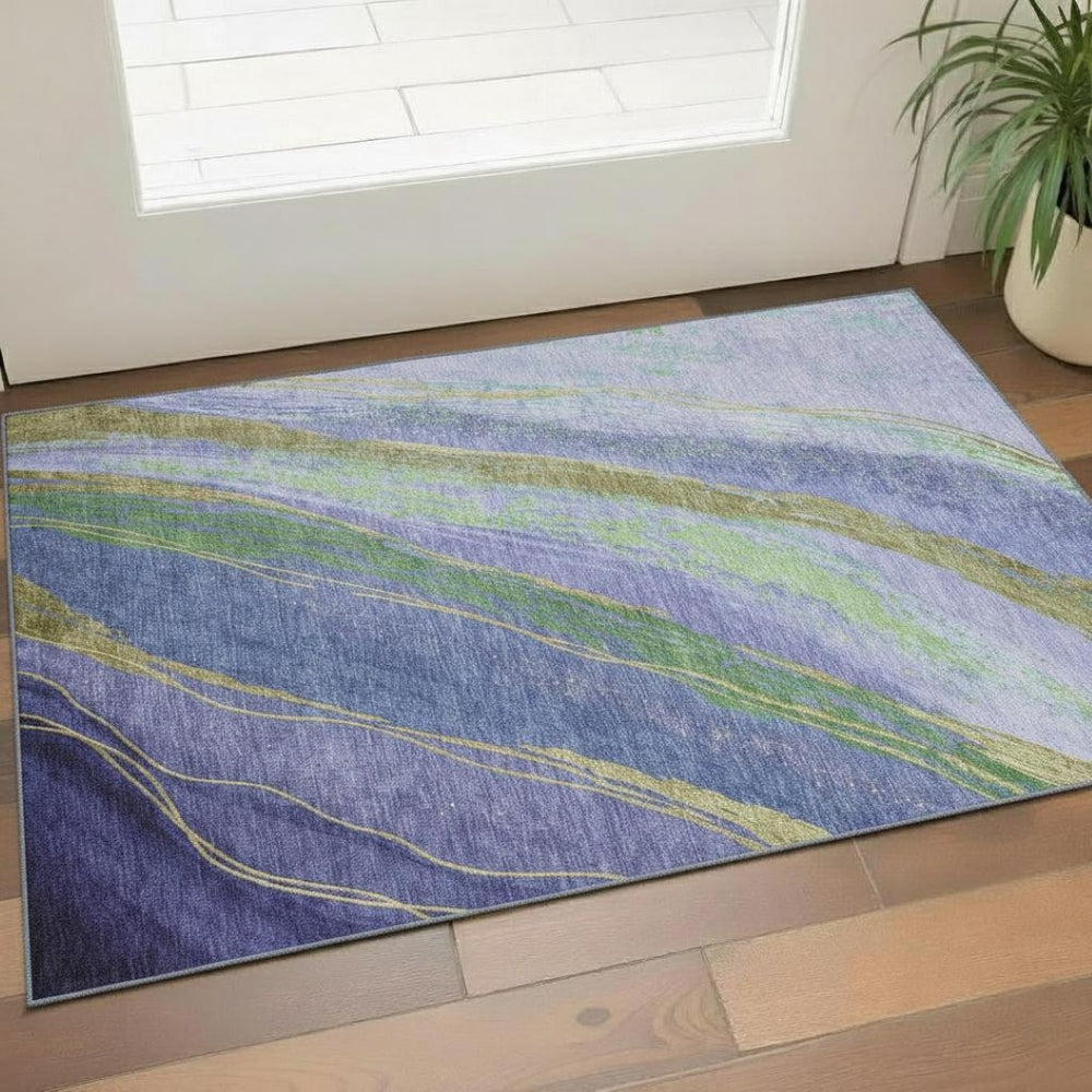 HomeRoots 5' X 8' Purple and Green Abstract Washable Area Rug - Durable, UV Protected, Stain Resistant Design! 715533