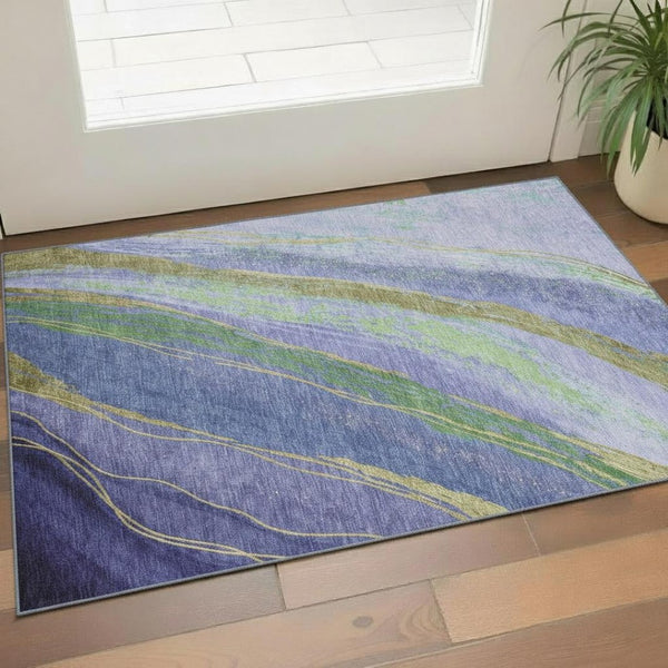 HomeRoots 5' X 8' Purple and Green Abstract Washable Area Rug - Durable, UV Protected, Stain Resistant Design! 715533